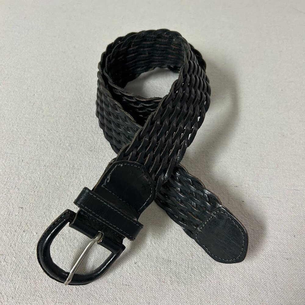 Braided Belt Womens Medium Black Woven Leather Buckle Adjustable